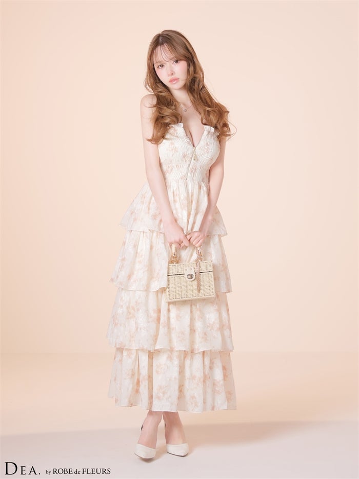 DEA. ディア バイ ローブドフルール 【XS～Lサイズあり】 フラワージャガードシフォンティアードフレアロングキャバドレス de4641