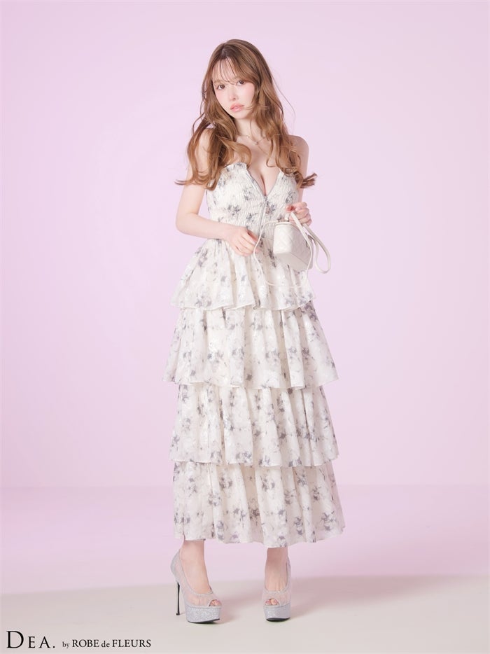 DEA. ディア バイ ローブドフルール 【XS～Lサイズあり】 フラワージャガードシフォンティアードフレアロングキャバドレス de4641
