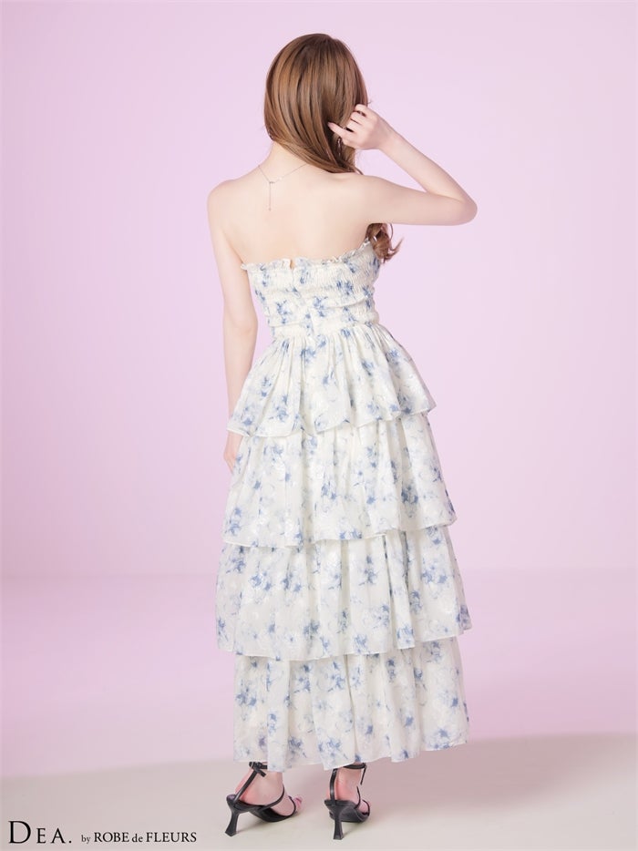DEA. ディア バイ ローブドフルール 【XS～Lサイズあり】 フラワージャガードシフォンティアードフレアロングキャバドレス de4641