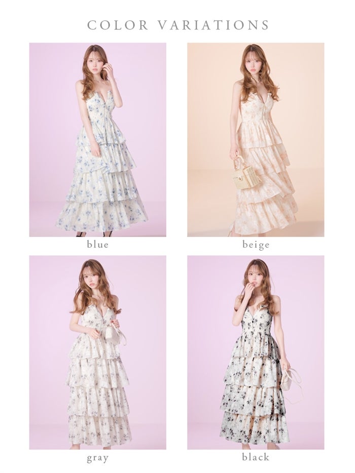 DEA. ディア バイ ローブドフルール 【XS～Lサイズあり】 フラワージャガードシフォンティアードフレアロングキャバドレス de4641