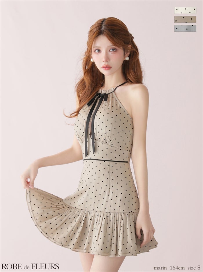  ROBE de FLEURS ローブドフルール 【XSサイズあり】 ドットオーガンジーホルターリボンミニキャバドレス fm4165