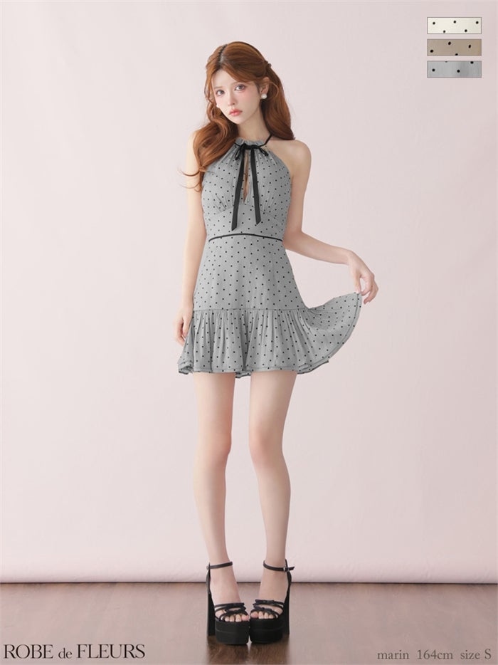  ROBE de FLEURS ローブドフルール 【XSサイズあり】 ドットオーガンジーホルターリボンミニキャバドレス fm4165