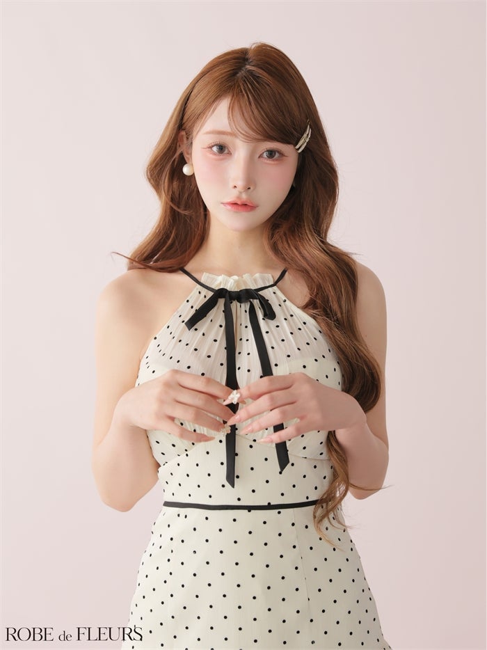  ROBE de FLEURS ローブドフルール 【XSサイズあり】 ドットオーガンジーホルターリボンミニキャバドレス fm4165