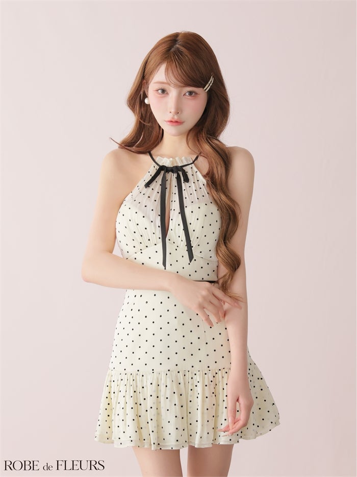  ROBE de FLEURS ローブドフルール 【XSサイズあり】 ドットオーガンジーホルターリボンミニキャバドレス fm4165