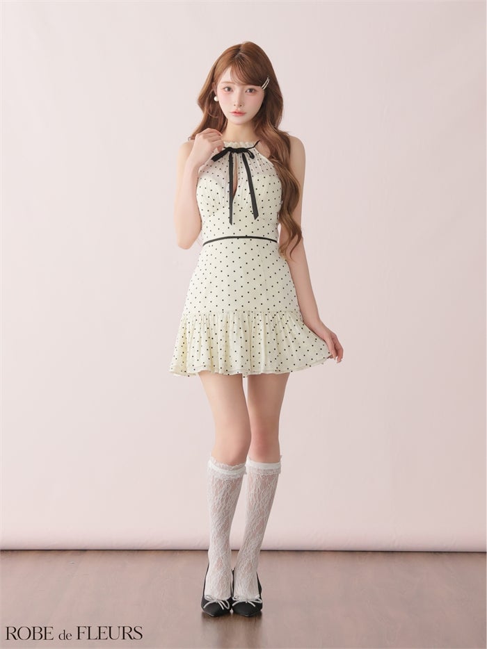  ROBE de FLEURS ローブドフルール 【XSサイズあり】 ドットオーガンジーホルターリボンミニキャバドレス fm4165