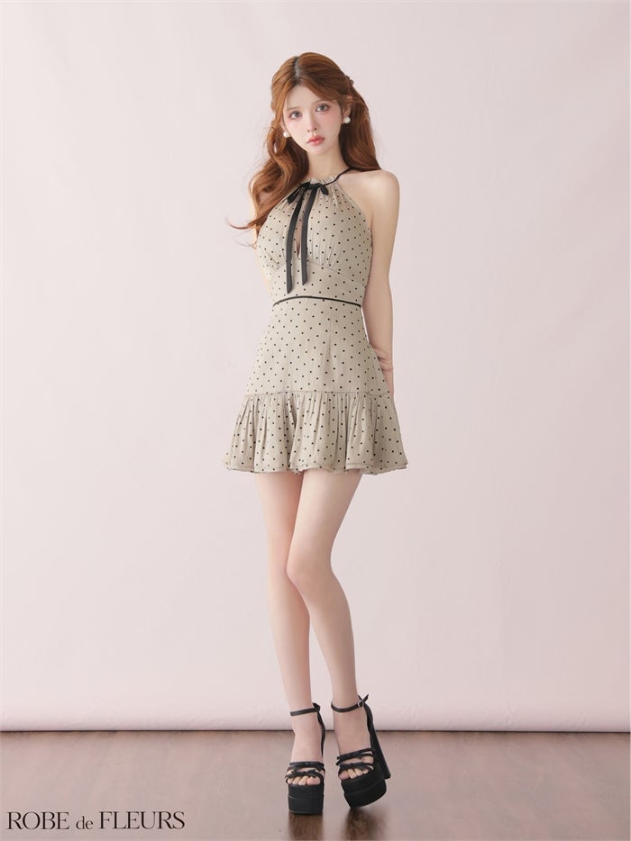  ROBE de FLEURS ローブドフルール 【XSサイズあり】 ドットオーガンジーホルターリボンミニキャバドレス fm4165