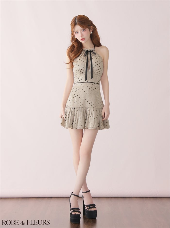  ROBE de FLEURS ローブドフルール 【XSサイズあり】 ドットオーガンジーホルターリボンミニキャバドレス fm4165