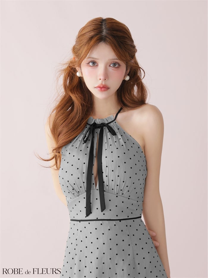  ROBE de FLEURS ローブドフルール 【XSサイズあり】 ドットオーガンジーホルターリボンミニキャバドレス fm4165