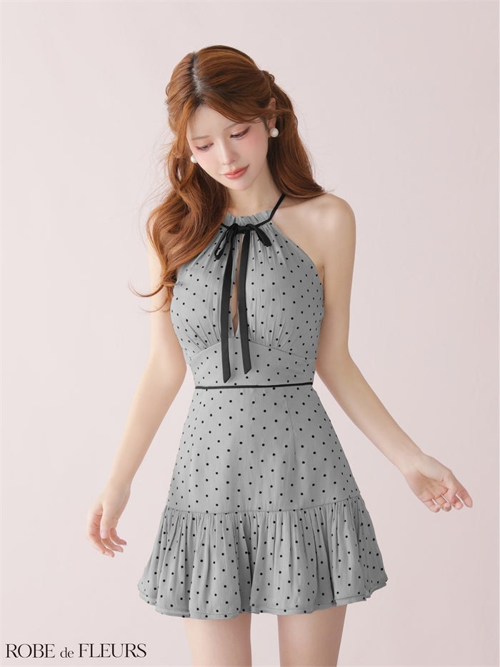  ROBE de FLEURS ローブドフルール 【XSサイズあり】 ドットオーガンジーホルターリボンミニキャバドレス fm4165