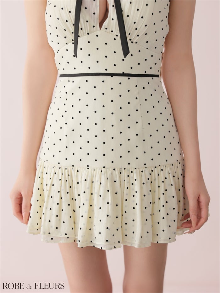  ROBE de FLEURS ローブドフルール 【XSサイズあり】 ドットオーガンジーホルターリボンミニキャバドレス fm4165