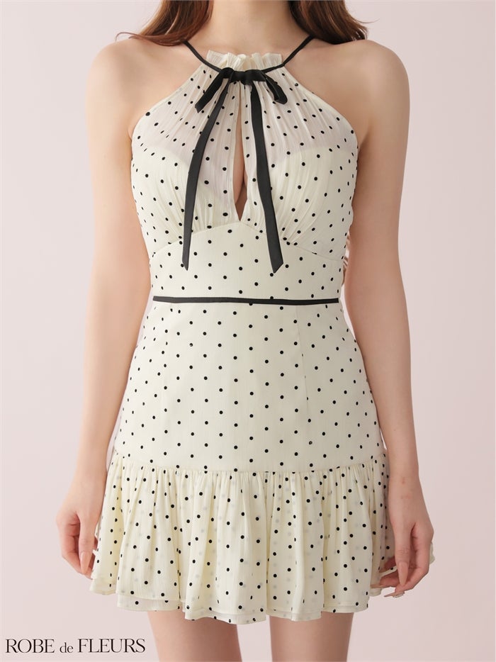  ROBE de FLEURS ローブドフルール 【XSサイズあり】 ドットオーガンジーホルターリボンミニキャバドレス fm4165