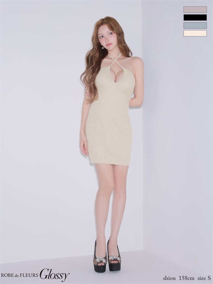 Glossy ローブドフルールグロッシー 【XSサイズあり】 バックリボンニットミニキャバドレス gl4187