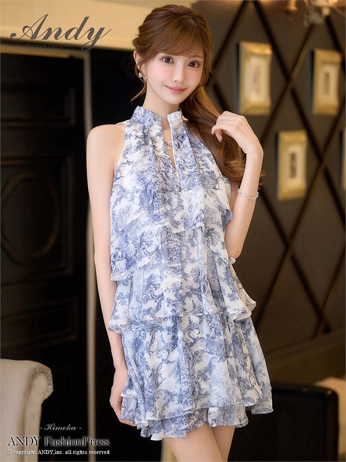 Andy アンディ トワルドジュイ柄ハイネックティアードフリルノースリーブミニドレス an-on3068