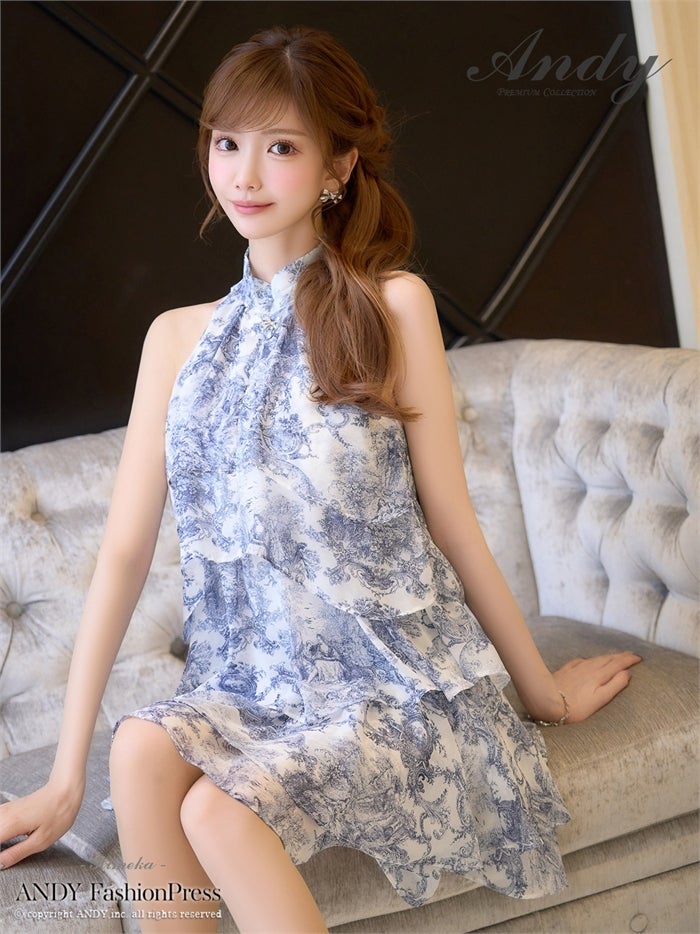 Andy アンディ トワルドジュイ柄ハイネックティアードフリルノースリーブミニドレス an-on3068