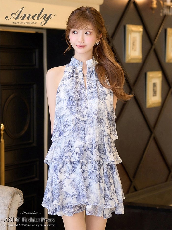Andy アンディ トワルドジュイ柄ハイネックティアードフリルノースリーブミニドレス an-on3068