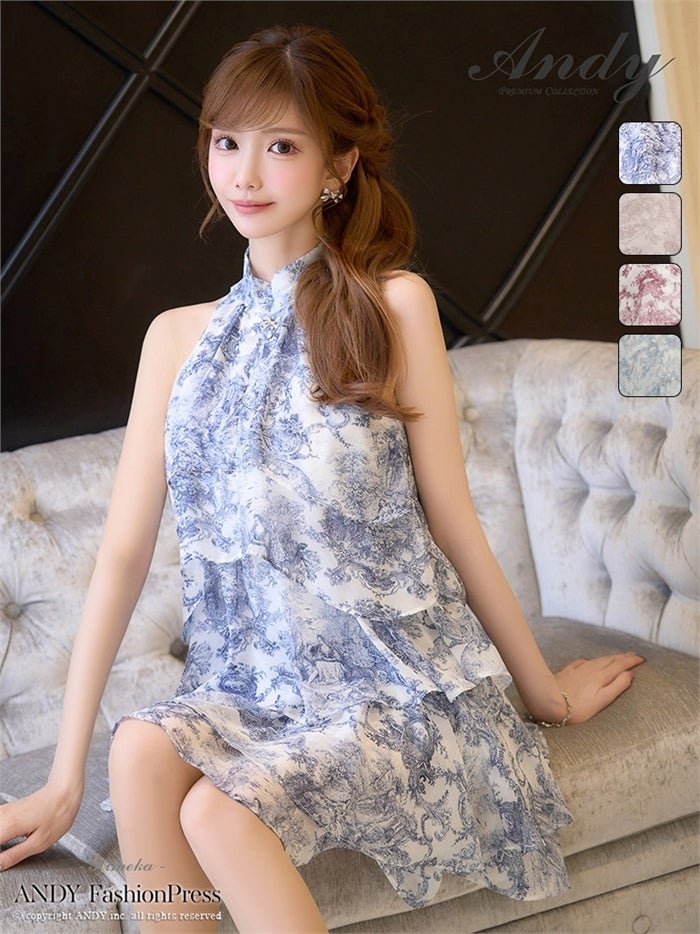 Andy アンディ トワルドジュイ柄ハイネックティアードフリルノースリーブミニドレス an-on3068