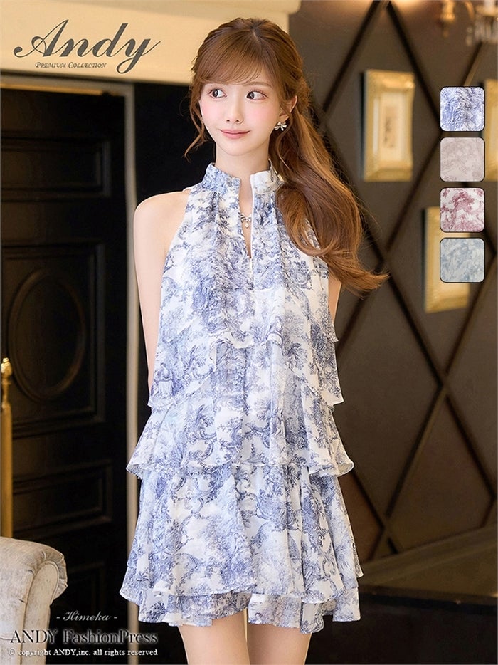 Andy アンディ トワルドジュイ柄ハイネックティアードフリルノースリーブミニドレス an-on3068