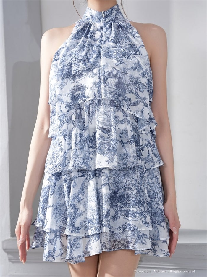 Andy アンディ トワルドジュイ柄ハイネックティアードフリルノースリーブミニドレス an-on3068