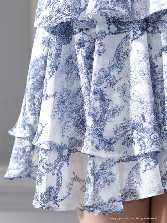 Andy アンディ トワルドジュイ柄ハイネックティアードフリルノースリーブミニドレス an-on3068