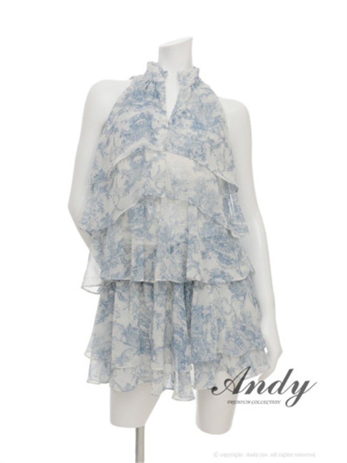 Andy アンディ トワルドジュイ柄ハイネックティアードフリルノースリーブミニドレス an-on3068