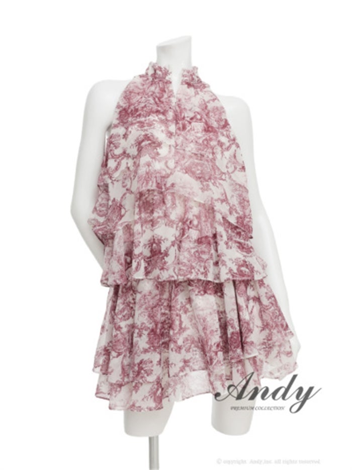 Andy アンディ トワルドジュイ柄ハイネックティアードフリルノースリーブミニドレス an-on3068