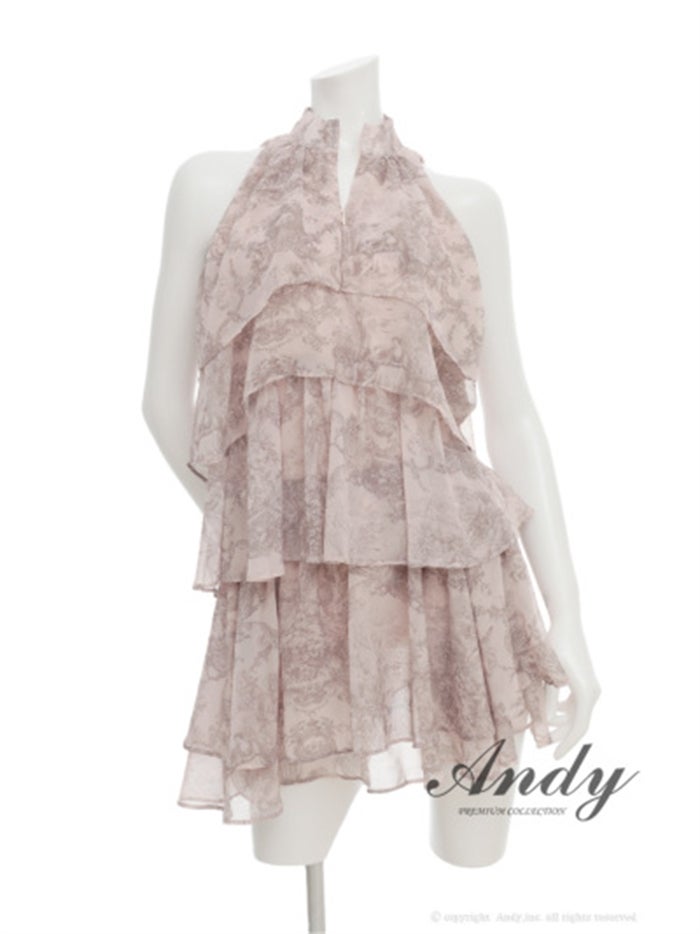 Andy アンディ トワルドジュイ柄ハイネックティアードフリルノースリーブミニドレス an-on3068