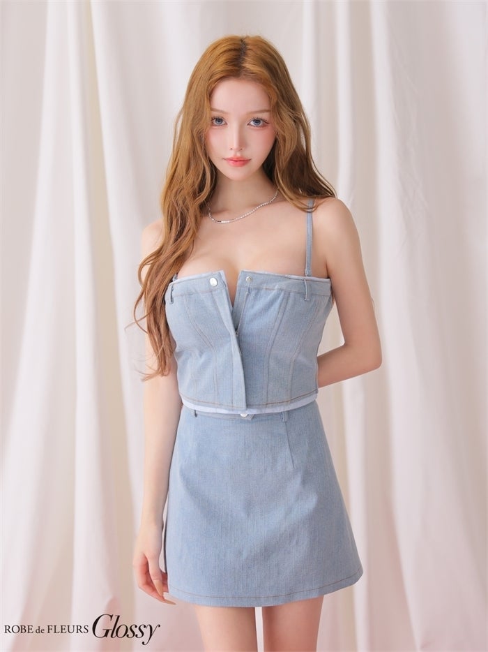 Glossy ローブドフルールグロッシー 【XSサイズあり】 シャツドッキングステッチデニムセットアップミニキャバドレス gl4184-c