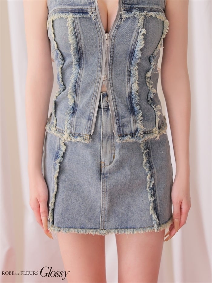 Glossy ローブドフルールグロッシー 【XS～Lサイズあり】フリンジデニムセットアップミニキャバドレス gl4363-c