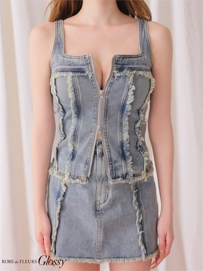 Glossy ローブドフルールグロッシー 【XS～Lサイズあり】フリンジデニムセットアップミニキャバドレス gl4363-c