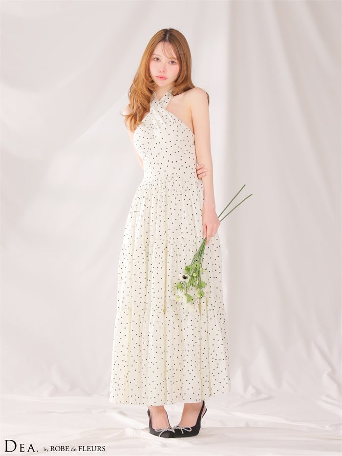 DEA. ディア バイ ローブドフルール 【XS～Lサイズあり】クロスホルタードットロングキャバドレス de4646