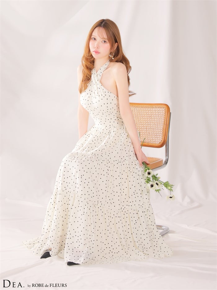 DEA. ディア バイ ローブドフルール 【XS～Lサイズあり】クロスホルタードットロングキャバドレス de4646