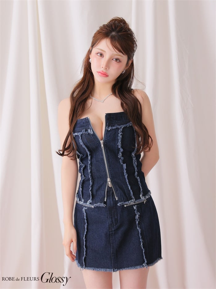 Glossy ローブドフルールグロッシー 【XS～Lサイズあり】フリンジデニムセットアップミニキャバドレス gl4363