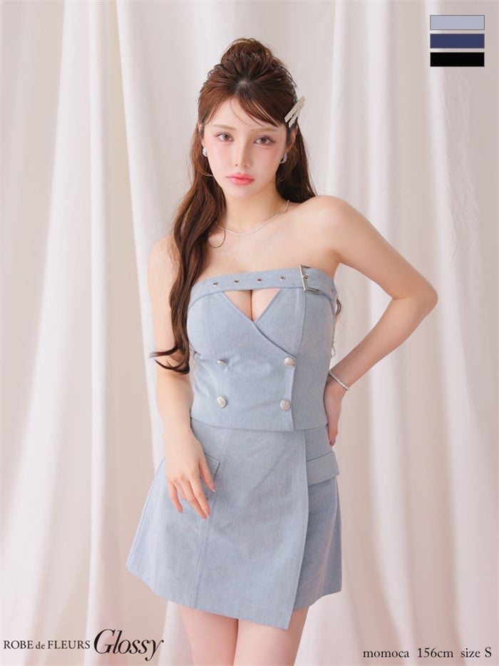 Glossy ローブドフルールグロッシー 【XSサイズあり】ベルトデニムベアセットアップミニキャバドレス gl4675