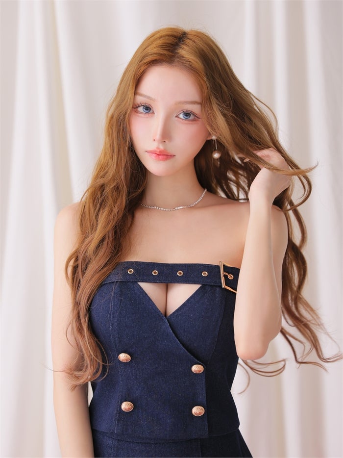 Glossy ローブドフルールグロッシー 【XSサイズあり】ベルトデニムベアセットアップミニキャバドレス gl4675