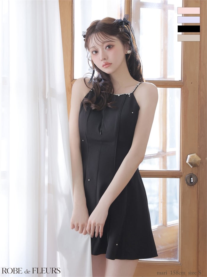 ROBE de FLEURS ローブドフルール 【XSサイズあり】バックリボンビジューミニキャミキャバドレス fm4174
