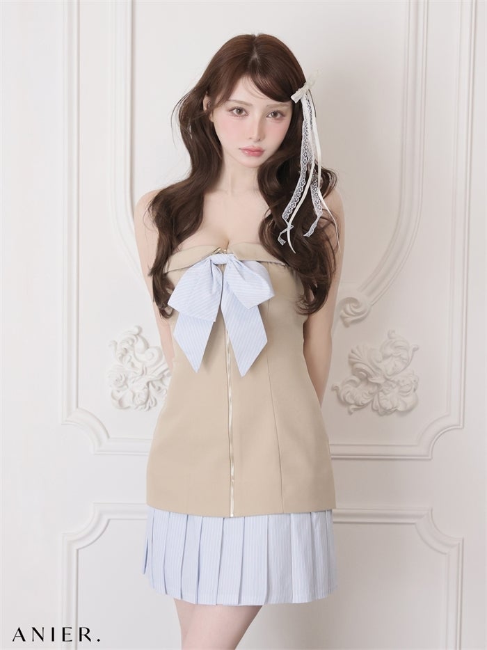 ROBE de FLEURS anier.ROBE ローブドフルール アニエルローブ 【XSサイズあり】springstripe ribbon bare mini dress（anier4067） fm-anier4067-c