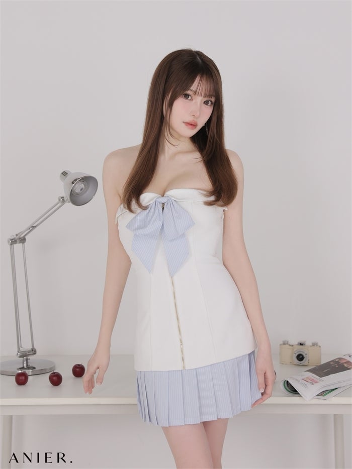 ROBE de FLEURS anier.ROBE ローブドフルール アニエルローブ 【XSサイズあり】springstripe ribbon bare mini dress（anier4067） fm-anier4067-c