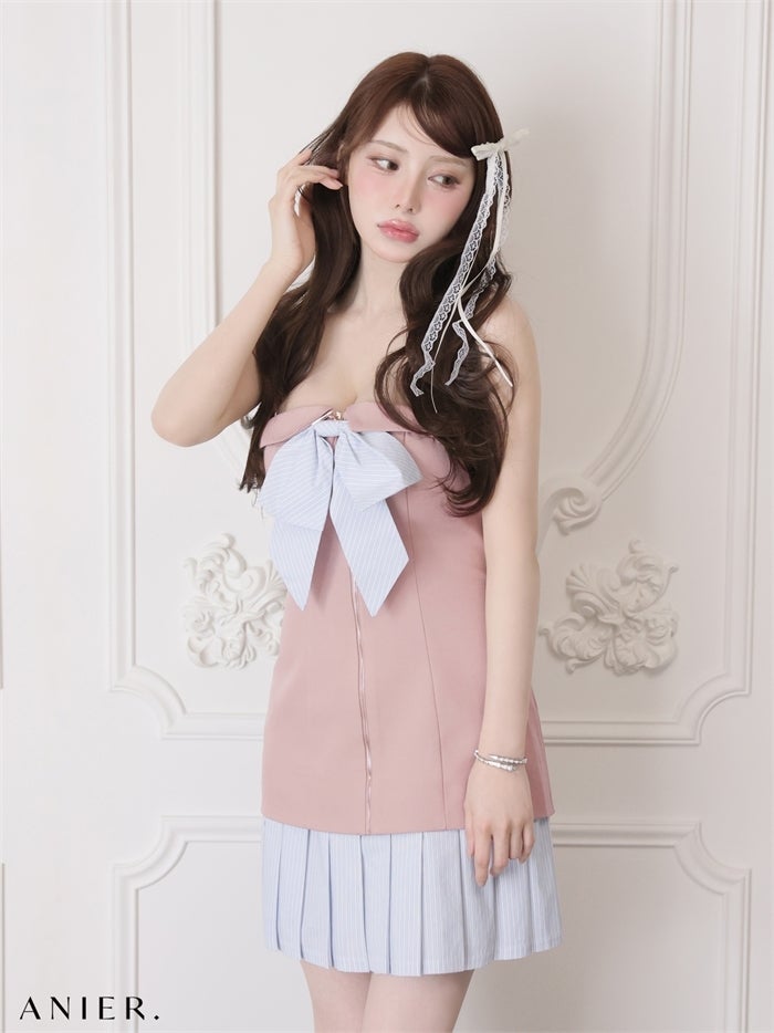 ROBE de FLEURS anier.ROBE ローブドフルール アニエルローブ 【XSサイズあり】springstripe ribbon bare mini dress（anier4067） fm-anier4067-c