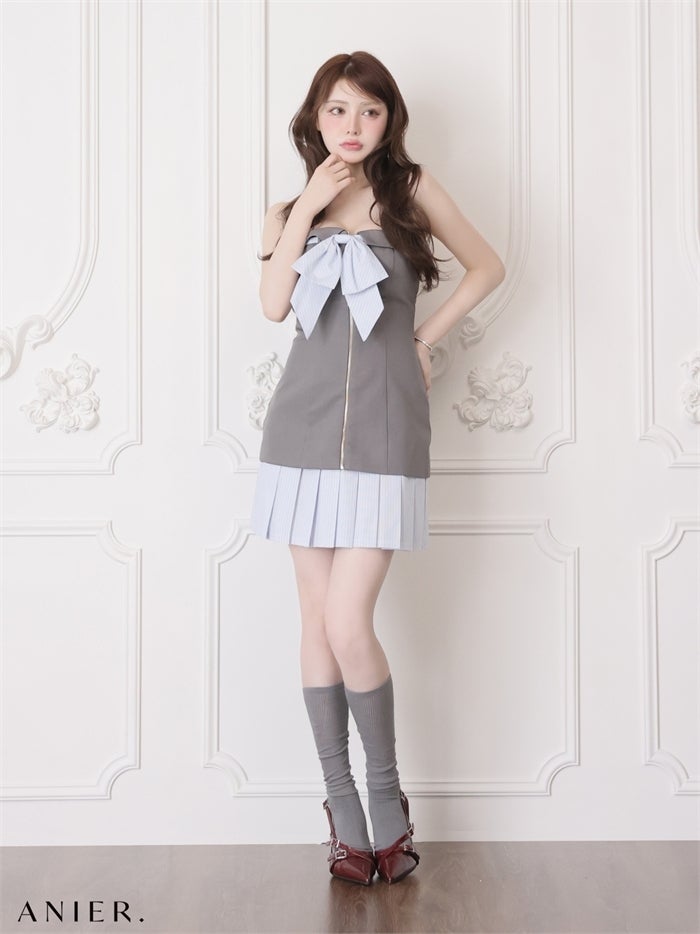 ROBE de FLEURS anier.ROBE ローブドフルール アニエルローブ 【XSサイズあり】springstripe ribbon bare mini dress（anier4067） fm-anier4067-c