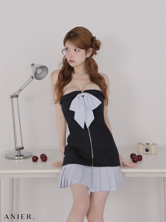 ROBE de FLEURS anier.ROBE ローブドフルール アニエルローブ 【XSサイズあり】springstripe ribbon bare mini dress（anier4067） fm-anier4067-c