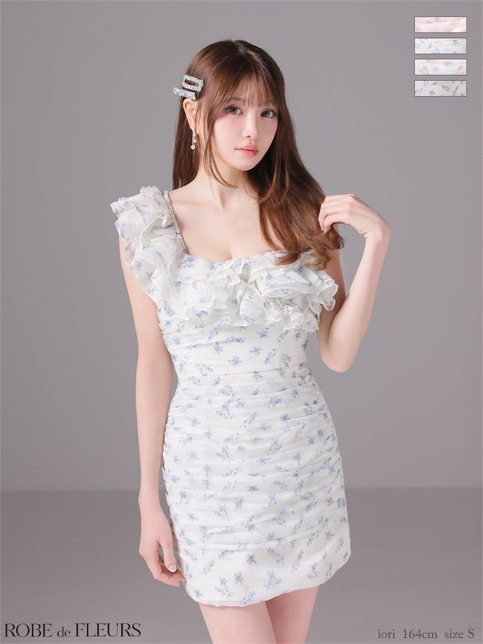 ROBE de FLEURS ローブドフルール 【XSサイズあり】ラメフラワーギャザーフリルミニキャバドレス fm4908-c