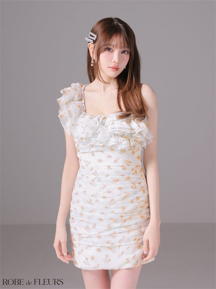 ROBE de FLEURS ローブドフルール 【XSサイズあり】ラメフラワーギャザーフリルミニキャバドレス fm4908-c