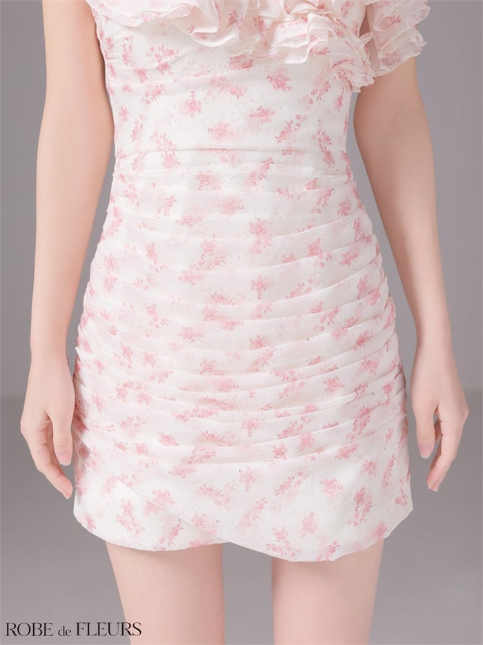 ROBE de FLEURS ローブドフルール 【XSサイズあり】ラメフラワーギャザーフリルミニキャバドレス fm4908-c