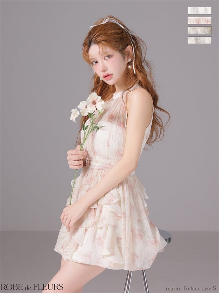 ROBE de FLEURS ローブドフルール 【XSサイズあり】フラワーシフォンホルターミニキャバドレス
