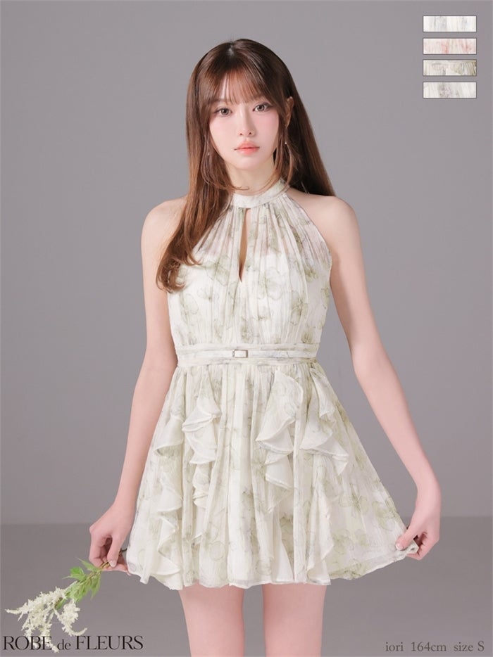 ROBE de FLEURS ローブドフルール 【XSサイズあり】フラワーシフォンホルターミニキャバドレス