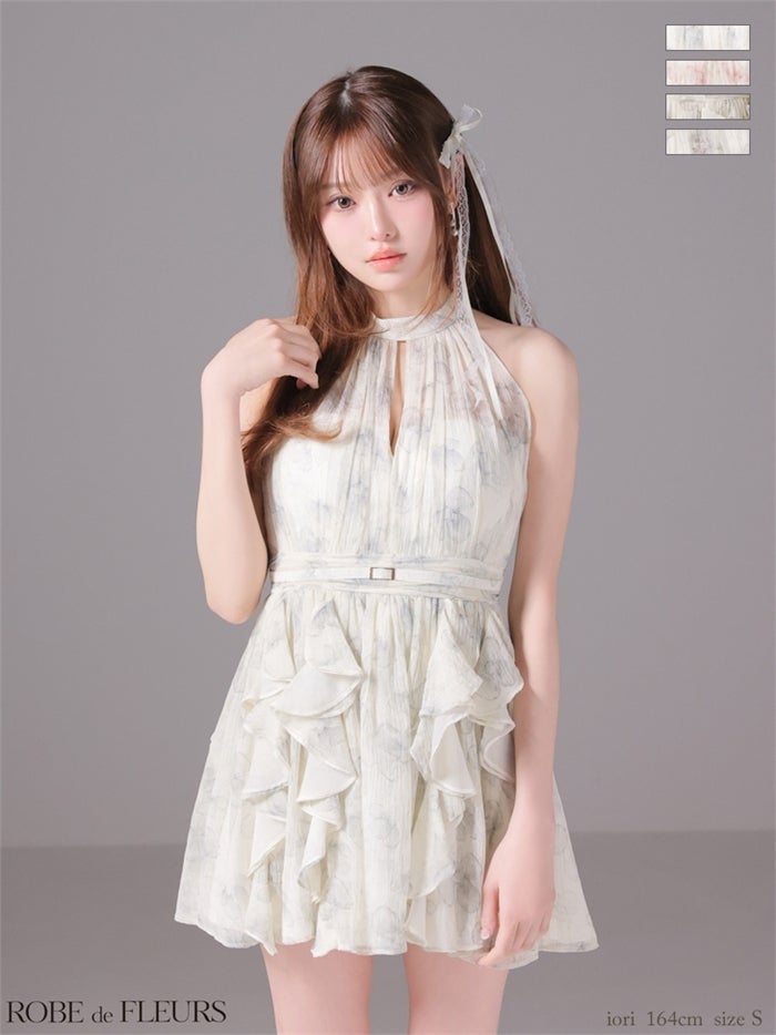 ROBE de FLEURS ローブドフルール 【XSサイズあり】フラワーシフォンホルターミニキャバドレス