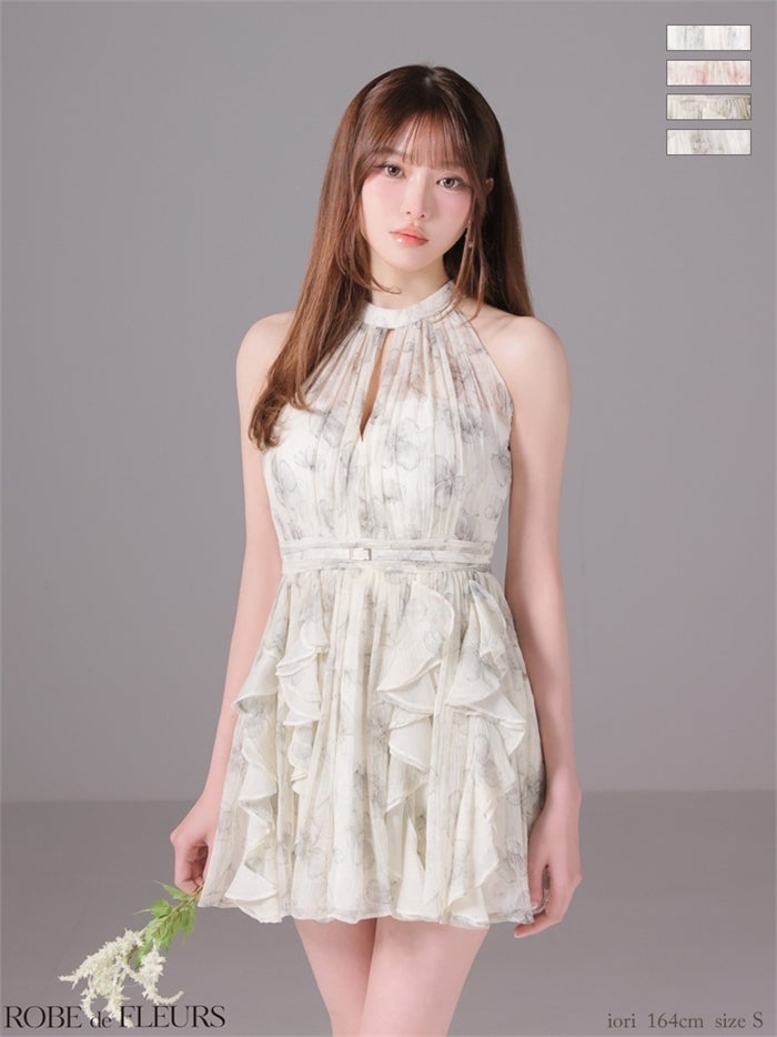 ROBE de FLEURS ローブドフルール 【XSサイズあり】フラワーシフォンホルターミニキャバドレス