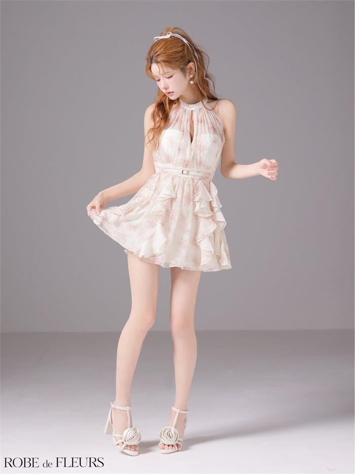 ROBE de FLEURS ローブドフルール 【XSサイズあり】フラワーシフォンホルターミニキャバドレス