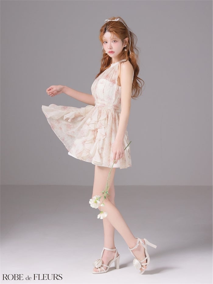 ROBE de FLEURS ローブドフルール 【XSサイズあり】フラワーシフォンホルターミニキャバドレス