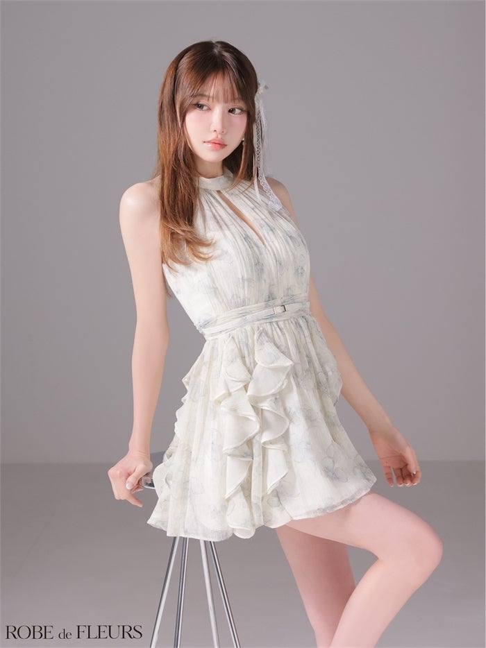 ROBE de FLEURS ローブドフルール 【XSサイズあり】フラワーシフォンホルターミニキャバドレス